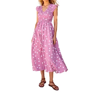 2023 Summer Hot Sales Fancy Short Ruffled Sleeve V Neck Women Dress Polka Dot Printed Casual Girl's Vacation Long Maxi Dresses