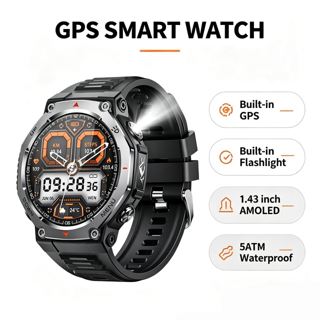 KT85 Men GPS Smart Watch 1.43" AMOLED Built-in Flashlight BT Call 5ATM Waterproof 100+ Sports Modes Custom Logo Wholesale