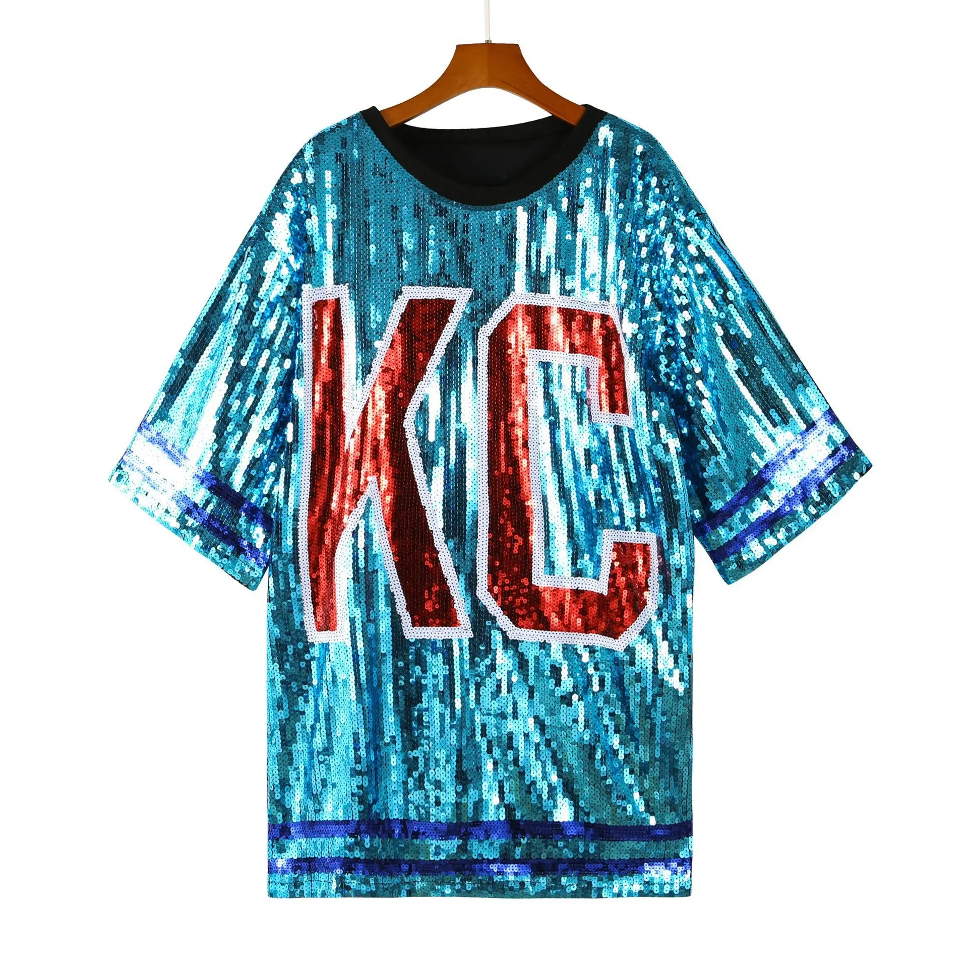 Quality spot sequin shirt large size medium-length beaded embroidery letters KC sequin T-shirt