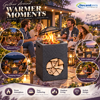 Brasero carré en acier robuste effet pierre avec rangement pour bois de chauffage, grille et pique-foyer pour patio extérieur, jardin et camping