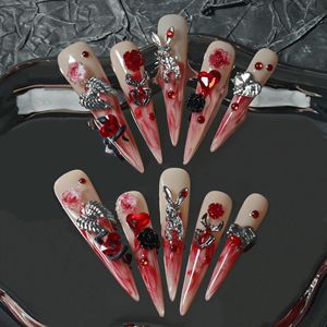 Uñas acrílicas artísticas hechas a mano de alta gama al por mayor, uñas postizas de cobertura completa en forma de lágrima, diseño de diamantes de imitación en degradado, personalizables - Product Image 3