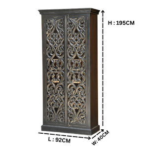 Hand-Carved Solid Wood <b>Wardrobe</b> Almirah with Ornate Floral Design | Antique Black Tall Storage Cabinet | Luxury Bedroom <b>Wardrobe</b> - Product Image 6