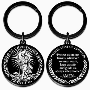 Porte-clés Rond Vintage Saint Christophe en Acier Inoxydable avec Impression UV et Médaille Religieuse en Relief – Charme Protecteur pour Voyageur - Product Image 3