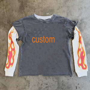 T-shirt Homme Vintage Personnalisé à Manches Longues Double Couche Effet Délavé Acide 100% Coton Coupe Oversize Ourlet Brut avec Impression DTG - Product Image 1