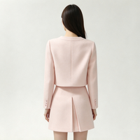 Ensemble deux pièces en tweed rose pour femme, veste courte à col nœud papillon, jupe mini plissée, costume élégant pour femme de bureau, tenue d'automne-hiver