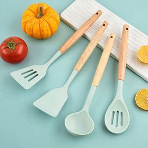 Raybin Wholesale 12 Pcs Kitchen Cooking Utensil Set Holder Baking Gadget Nonstick Silicone Spatula <b>Kitchenware</b> With Wood Handle - Product Image 4