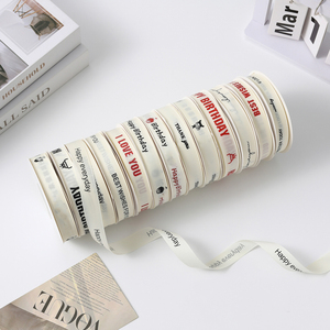 Ruban côtelé blanc style tweed avec "Joyeux anniversaire" en noir et "Love" en anglais, pour emballage de boîte cadeau et bricolage de fleurs - Product Image 3