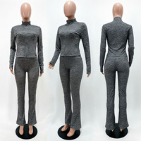 Ensemble 2 pièces jacquard à col montant pour femme, haut zippé à manches longues très extensible et pantalon évasé avec poignets à revers