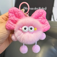Mignon et moelleux, en fourrure de lapin Rex, style dessin animé, avec nœud papillon et boule de charbon, jouet en peluche elfe, accessoire de sac à dos et pendentif porte-clés de voiture