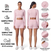 Fabricant d'ensembles de vêtements de yoga et de sport personnalisés de couleur unie, fournisseur de vêtements de sport effet seconde peau, haut court à manches longues et short cycliste