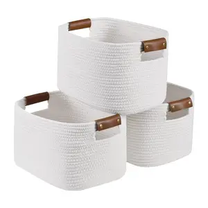 White Cotton Thread Woven Basket Wardrobe Cube Organizer Bins Medium Rectangular Storage Basket With Handles