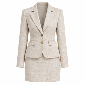 Conjunto de Traje de Tweed Beige para Mujer, Blazer Entallado y Minifalda, Atuendo Formal de Dos Piezas para Oficina - Product Image 1