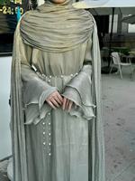 Robe plissée style cape, robe de soirée scintillante et élégante, écharpe longue pour rassemblement moyen-oriental, chaîne de taille en perles et diamants