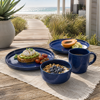 Service de table en grès bleu, assiettes, bols et tasses à glaçure réactive, directement du fabricant