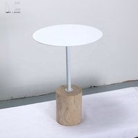 Salon moderne Table d'angle ronde en métal blanc Basse En Travertin Beige Nordic Chevet Canapé Côté Table basse en travertin