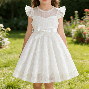Vestido de Encaje con Mangas con Volantes y Cuello Transparente para Niñas, Vestido de <span class=keywords><strong>Primera</strong></span> Comunión con Lazo en la Cintura - Product Image 1