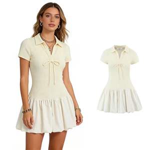 Robe courte décontractée à la mode pour femmes, col rabattu, couleur beige, manches courtes, laçage sur le devant - Product Image 1