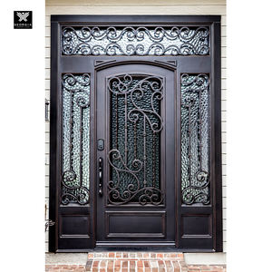 Porte en fer forgé artisanal à ouverture carrée, style Renaissance, avec panneaux latéraux en verre pour maisons de luxe - Product Image 1