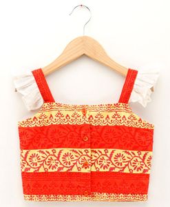 Ensemble de vêtements ethniques pour filles Twisha, haut à manches bouffantes imprimé orange et jaune et pantalon dhoti imprimé (6 mois à 14 ans) - Product Image 3