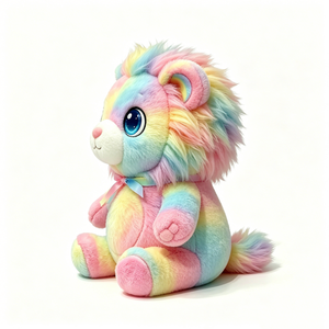 León de peluche personalizado, gordo y sentado, con degradado de colores pastel, crin multicolor esponjosa y lazo de cinta de satén - Product Image 2