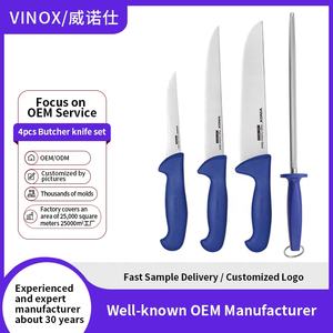 एर्गोग्रिप <span class=keywords><strong>3</strong></span> टुकड़ा कसाई बोरिंग चाकू सेट नीले नायलॉन को अनुकूलित और लोगो पैकेजिंग के साथ शार्पनर रॉड हैंडल के साथ - Product Image 2