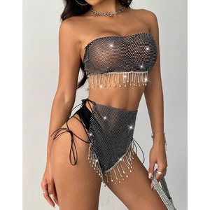 Ensemble 2 pièces sexy pour femme : haut élastique en résille effet cristal et short, idéal pour les soirées et festivals de musique - Product Image 4
