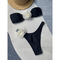 Set Bikini Bandeau Tanpa Tali Plus Hiasan Bunga 3D, Bawahan Thong High Cut, Bahan Polyester/Nylon, Pakaian Renang Pantai Wanita