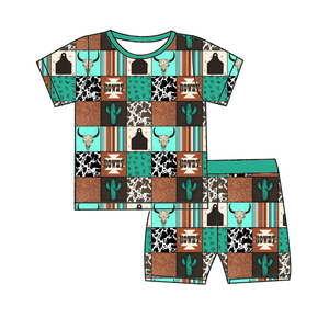 Ensemble de pyjamas en bambou à motifs de dessins animés, prêt à être expédié, vente chaude, vêtements pour bébés, imprimé occidental, manches courtes, <span class=keywords><strong>tenue</strong></span> en deux pièces - Product Image 5