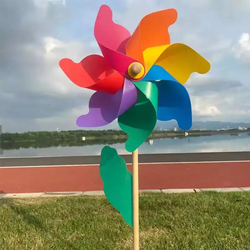 Moulin à vent décoratif de jardin en plastique avec poteau en bois, vente en gros de haute qualité