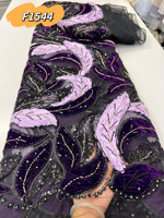 Tissu en tulle noir F1544 en gros avec broderie de feuilles 3D perlées et sequins, patchwork en maille avec velours pour robe de soirée africaine