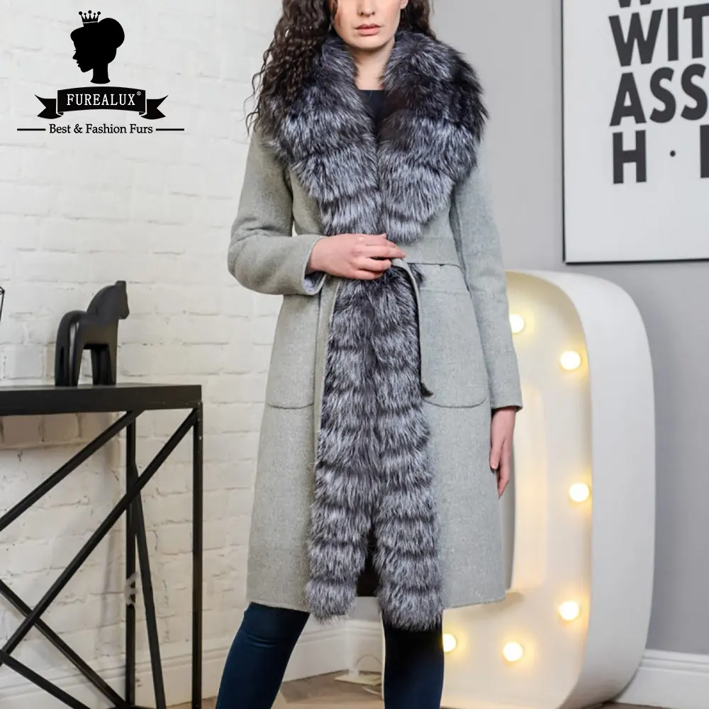 90cm Length Women Winter Fur Jacket Women Real Fox Fur Collar Spliced Wool Fur Coats Thin Outwear Casual Autumn Overcoat