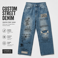 Jeans Baggy Homme Personnalisés Streetwear Vintage Coupe Ample Effet Usé et Déchiré avec Imprimé Graffiti et Patch Tissé
