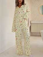 Pyjama personnalisé à manches longues en modal doux avec imprimé fruits, col à revers, vêtements de détente confortables, pyjama en bambou pour femmes, ensemble de vêtements de nuit