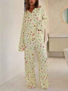 Pijamas de Algodón Modal de Manga Larga con Estampado de Frutas, Cuello de Solapa, Ropa de Dormir Cómoda, Pijamas de Bambú para Mujer - Product Image 2