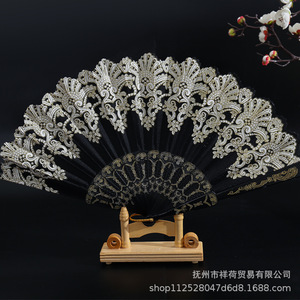 Abanico Plegable de Estilo Nacional Chino para Danza del Cheongsam, Abanico Plegable Español Dorado - Product Image 6