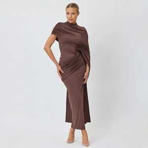 Vestido de cóctel con cuello redondo, hombro asimétrico cruzado, color liso, largo y ajustado para mujer - Product Image 2