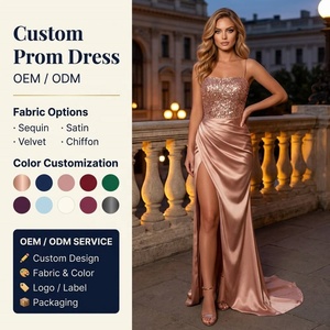 Vestido <span class=keywords><strong>de</strong></span> <span class=keywords><strong>Noche</strong></span> OEM <span class=keywords><strong>de</strong></span> Satén con Lentejuelas Oro Rosa, Tirantes Finos, Cintura Drapeada, Abertura Alta y Cola Larga hasta el Suelo - Product Image 1