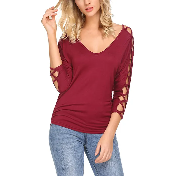 Women Cold Shoulder Top V Neck Cut Out T Shirts 3/4 Sleeve Open Back Summer Casual Blouse Tunic Tops
