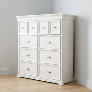 Commode contemporaine en bois à 10 tiroirs – 4 tiroirs petits et 6 tiroirs moyens, Radiata/MDF, poignées robustes en alliage, blanc/noir - Product Image 5