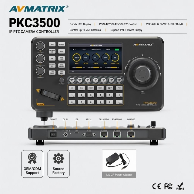 AVMATRIX PKC3500 PTZ Camera Controller 5" Screen NDI ONVIF PoE+ RS232 RS422 RS485 for Live Broadcast Church Studio