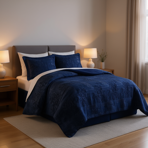 Set Copripiumino Royal King Size Blu Navy Patchwork 4 Pezzi in Poliestere Stile Classico per Arredo Camera da Letto - Product Image 2