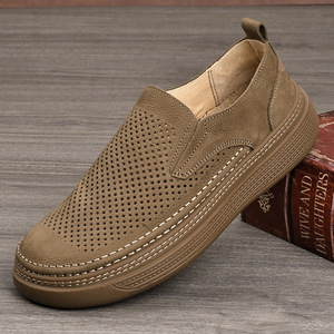 Chaussures de marche pour hommes en cuir pleine fleur ajouré à bout rond, à enfiler, souples, légères, respirantes, avec doublure et semelle intérieure en PU, tendance mode - Product Image 1