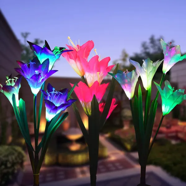 Patio Backyard Multi Color Changing 4pcs Lily Flowers Solar Stake Lights Outdoor Decoration