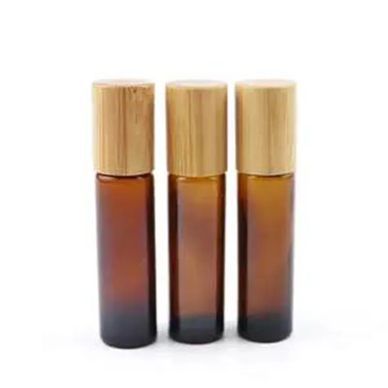 10ml Pharmaceutical amber Glass Roll On Bottle Roller Bottles with Bamboo Cap and Stainless Steal Ball