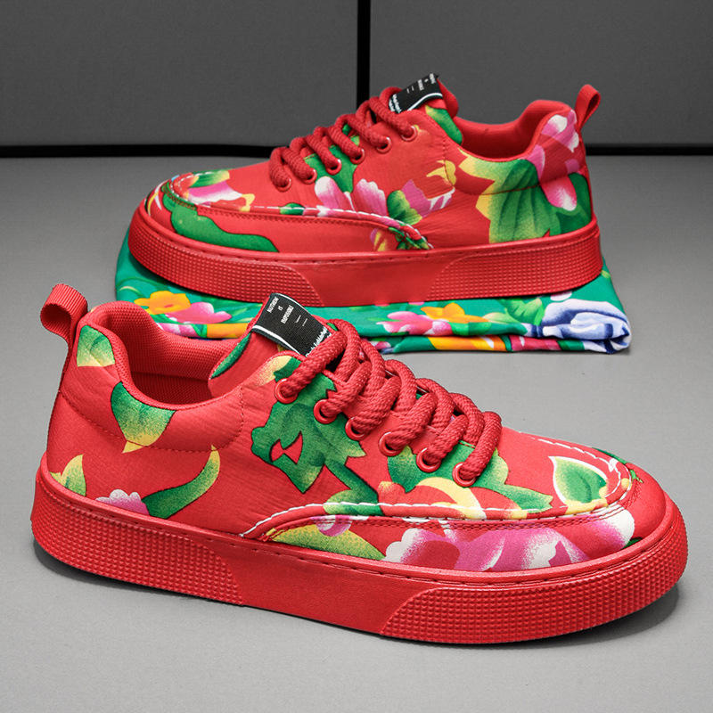 New Northeastern Big Flower Cloth Red Casual Shoes Breathable Sport Shoes  Men