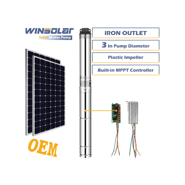 WINSOLAR Built-in MPPT Controller 3 Inches Plastic Impeller Iron Water Outlet DC Submersible Solar Water Pump System