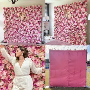 J-218ตกแต่งงานแต่งงานดอกไม้ผนังม้วนฉากหลังผนังแผงผ้าสีชมพูกุหลาบดอกไม้ผนัง