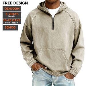 Vente en gros de sweats à capuche en denim de coton pour hommes, à quart de zip, bleu, délavé vintage, coupe oversize, streetwear premium, avec logo personnalisé, fabricant - Product Image 2