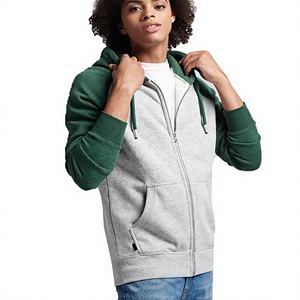 Unisex Hooded Zip-Up <b>Sweatshirt</b> <b>Grey</b> Green Cotton French Terry Casual Autumn Regular Fit Pocket Design - Product Image 1
