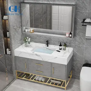 خزانات حمام رمادية داكنة عالية الجودة مع مرآة مضيئة وخزانة تزيين من كلوريد البولي فينيل للحوض في المدارس